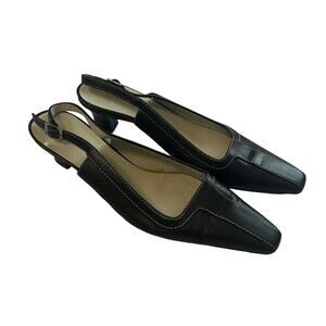 Vintage Bruno Magli Italy Navy Square Toe Patent Leather Slingback Block Heels 7